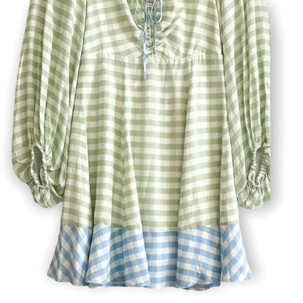 STAUD Olivier Gingham Mini Dress Green Blue Size 2 NWT